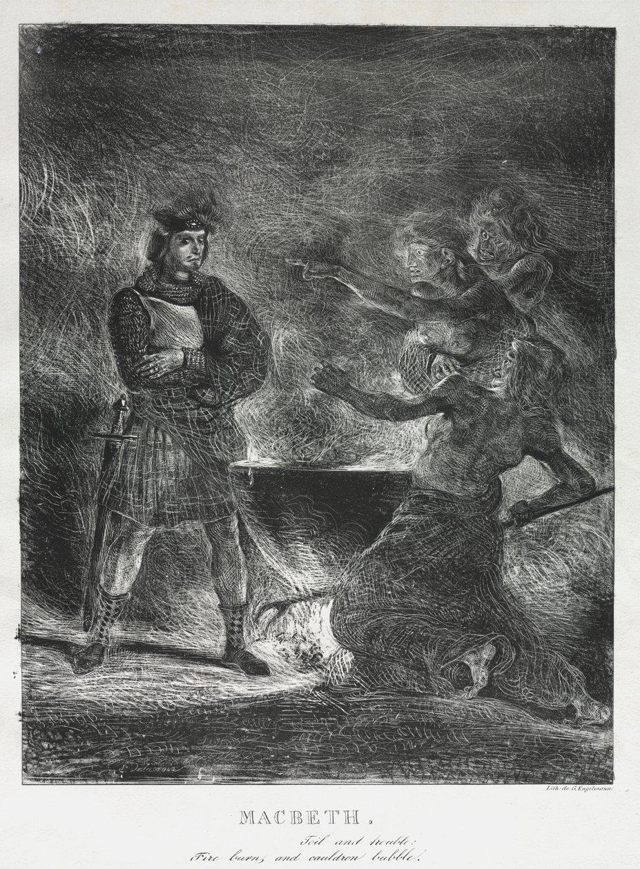 Macbeth konsulterar häxorna av Eugène Delacroix