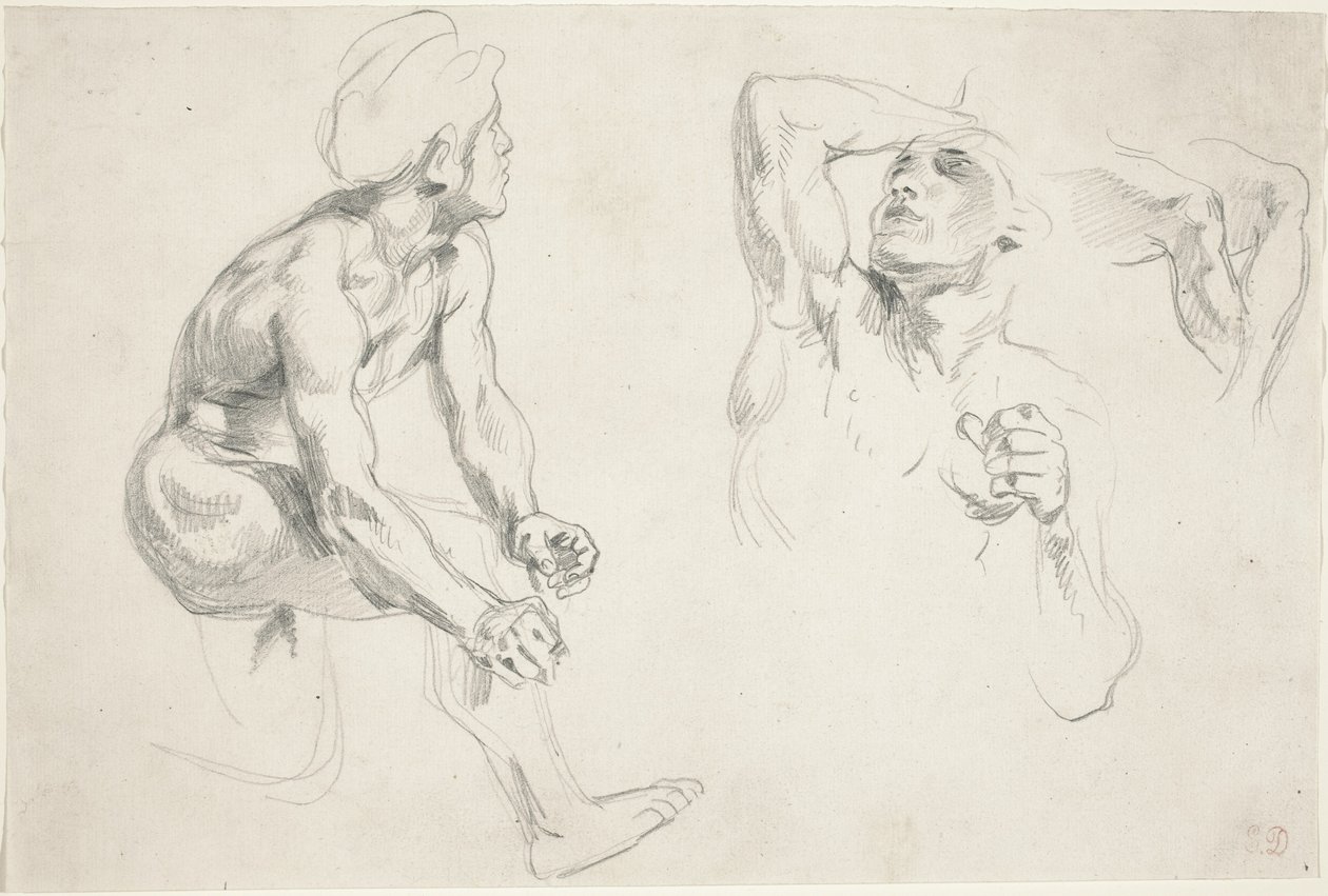Naken man poserar för figurer i "Frise de la Guerre" av Eugène Delacroix