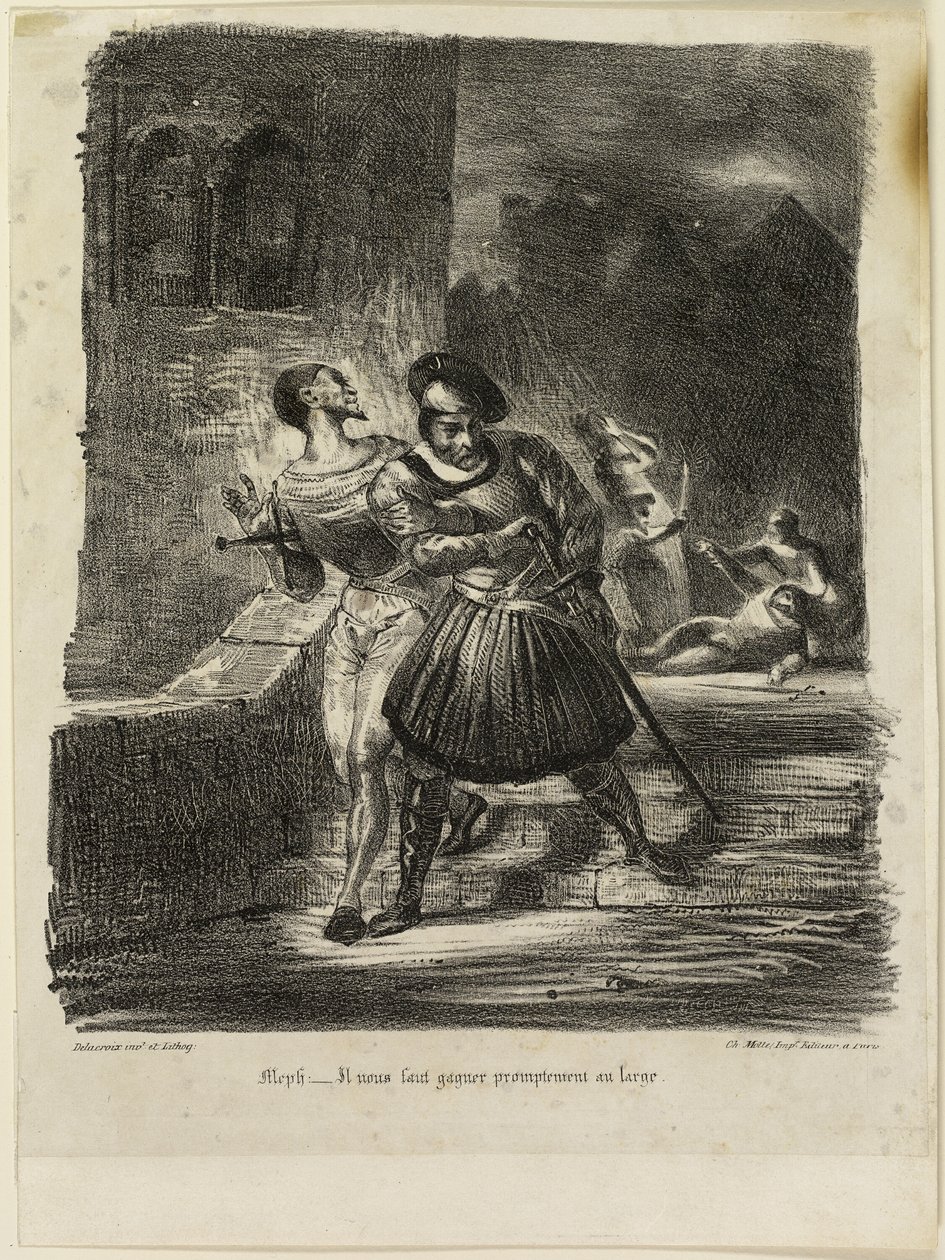 Mephistopheles och Faust flyr efter duellen av Eugène Delacroix
