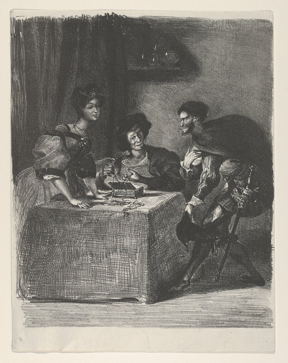 Mephistopheles presenterar sig för Martha Goethe, Faust, 1825-27., 1825-27. av Eugène Delacroix