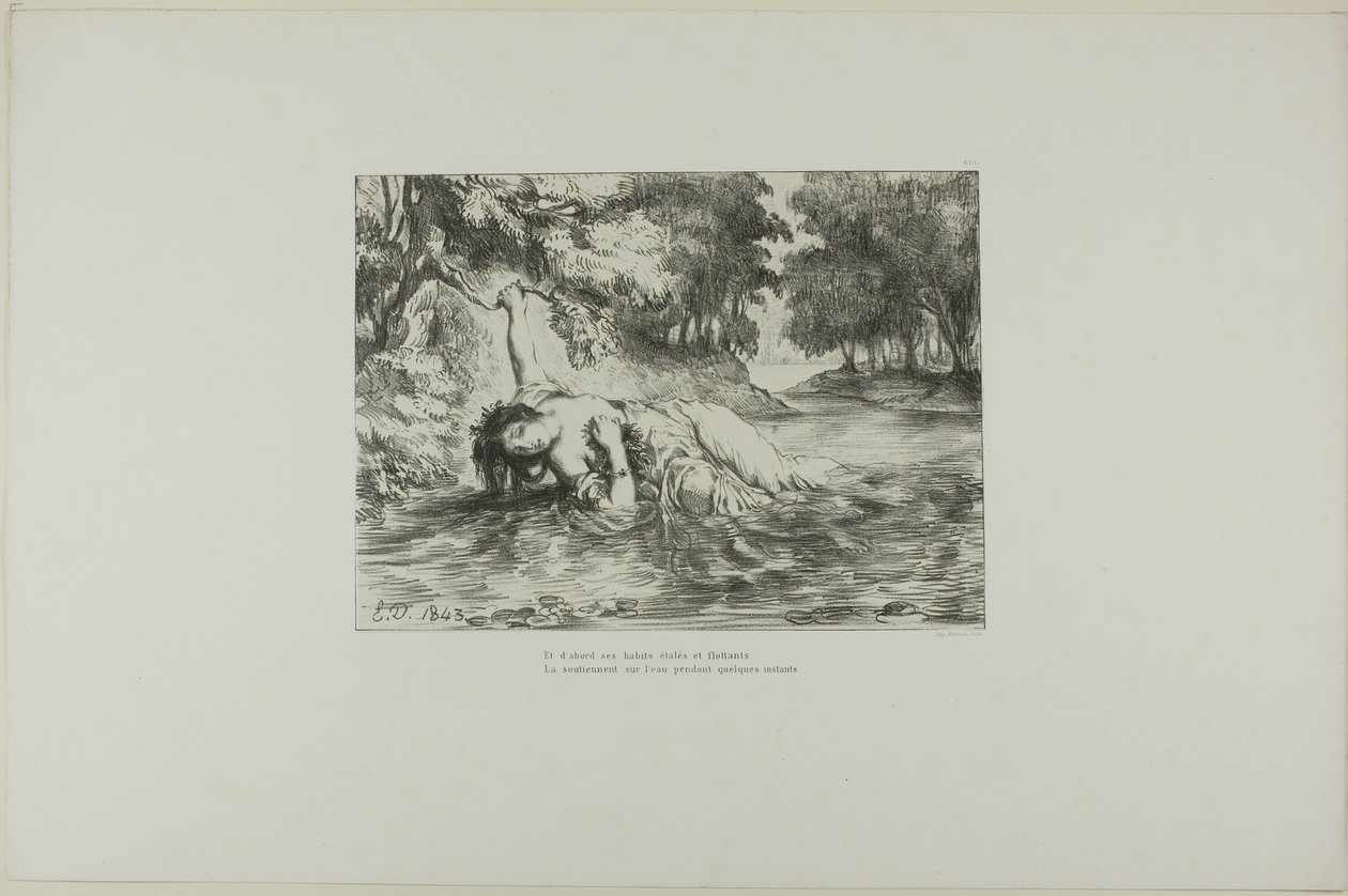 Ofelias död, plansch 13 ur Hamlet av Eugène Delacroix