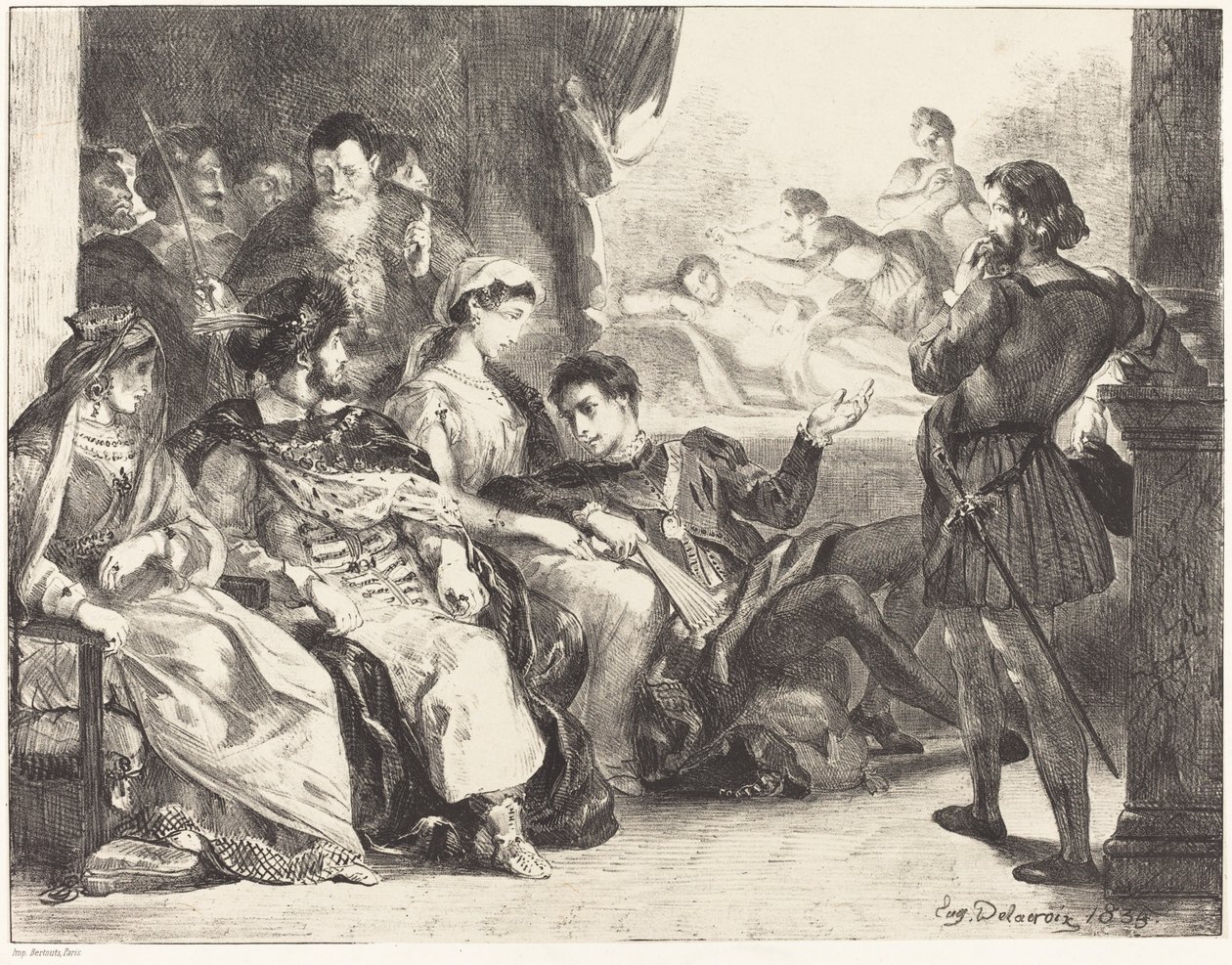 Spelare som genomför förgiftningen av Hamlets far (akt III, scen II) av Eugène Delacroix