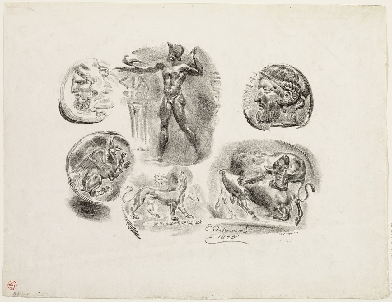 Ark med sex antika medaljer av Eugène Delacroix