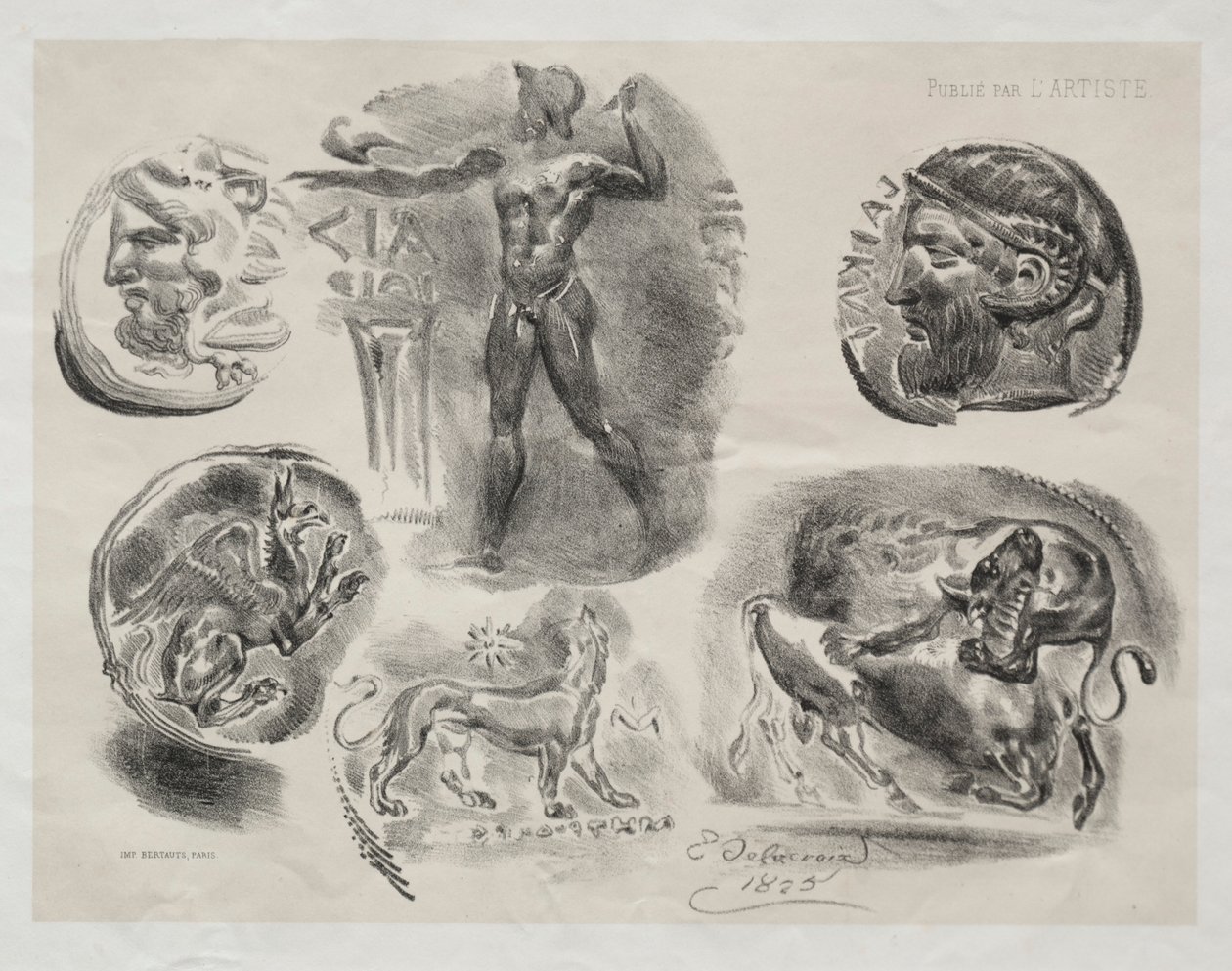 Blad med sex antika medaljer av Eugène Delacroix