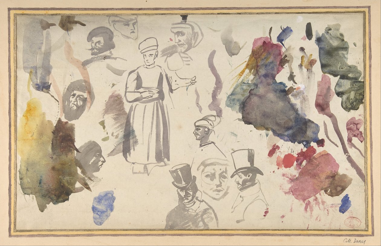 Studier av manshuvuden och en stående mansfigur, . av Eugène Delacroix
