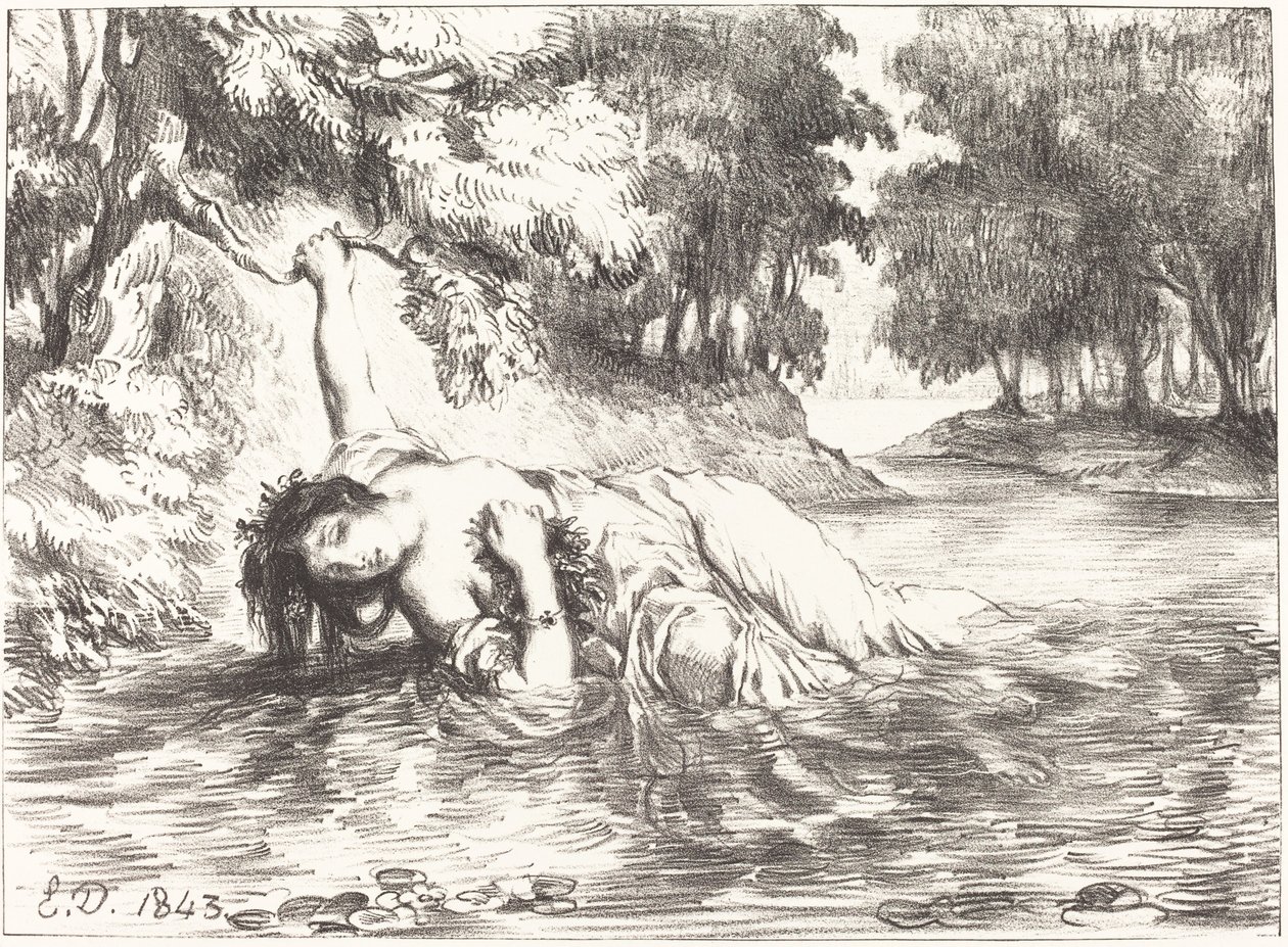 Ophelias död (akt IV, scen VII) av Eugène Delacroix