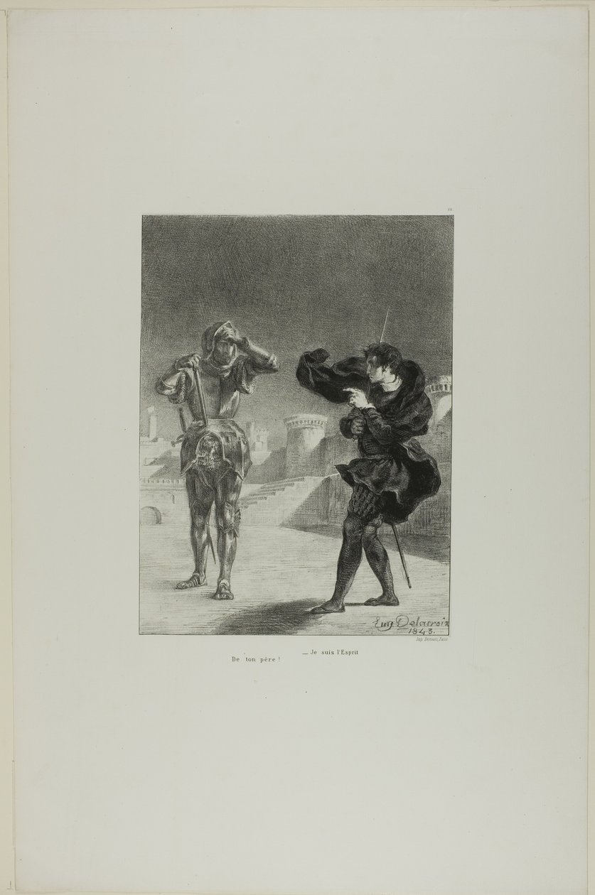 Spöket på perrongen, plansch 3 ur Hamlet av Eugène Delacroix