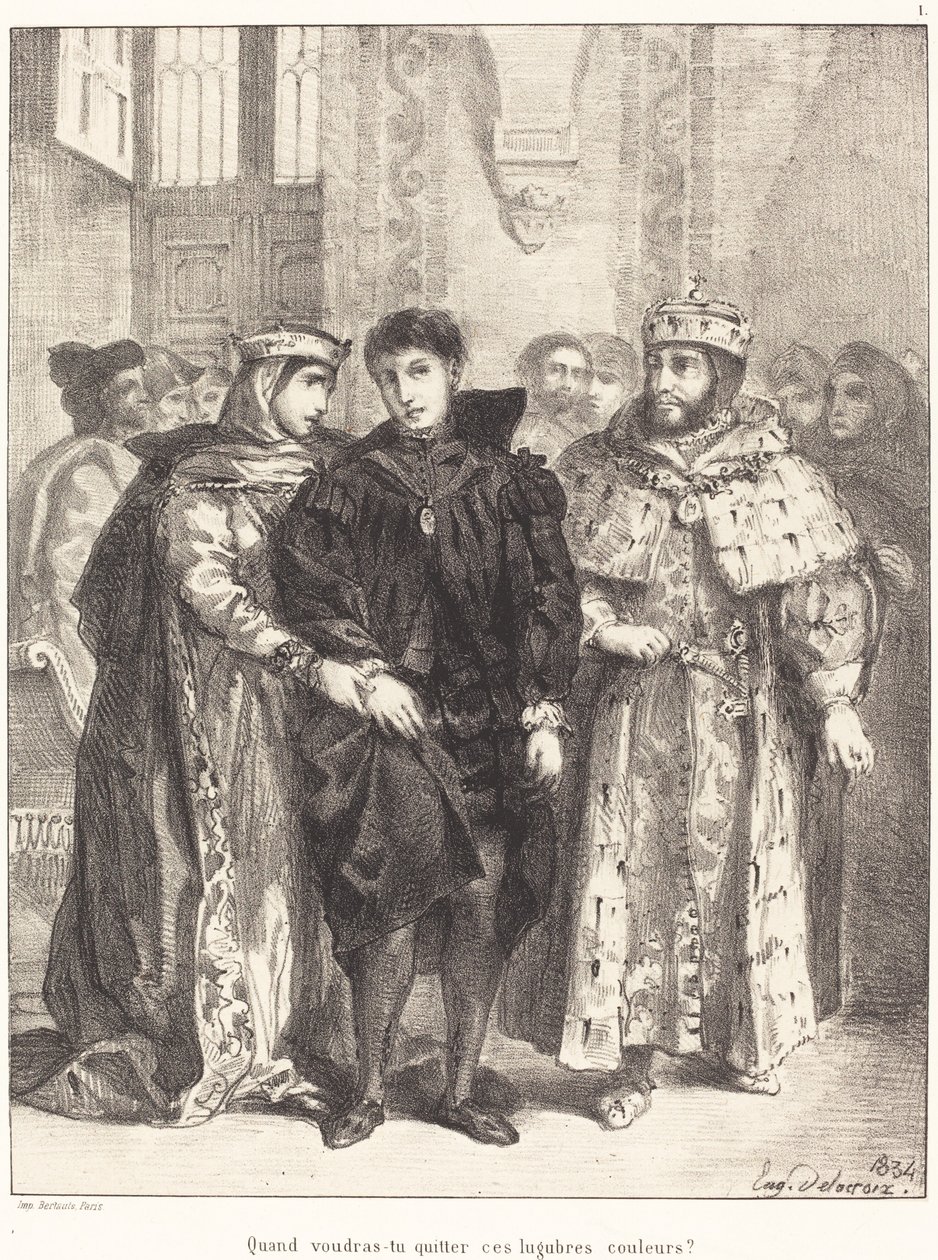Drottningen försöker trösta Hamlet Akt I, Scen II, 1834. av Eugène Delacroix
