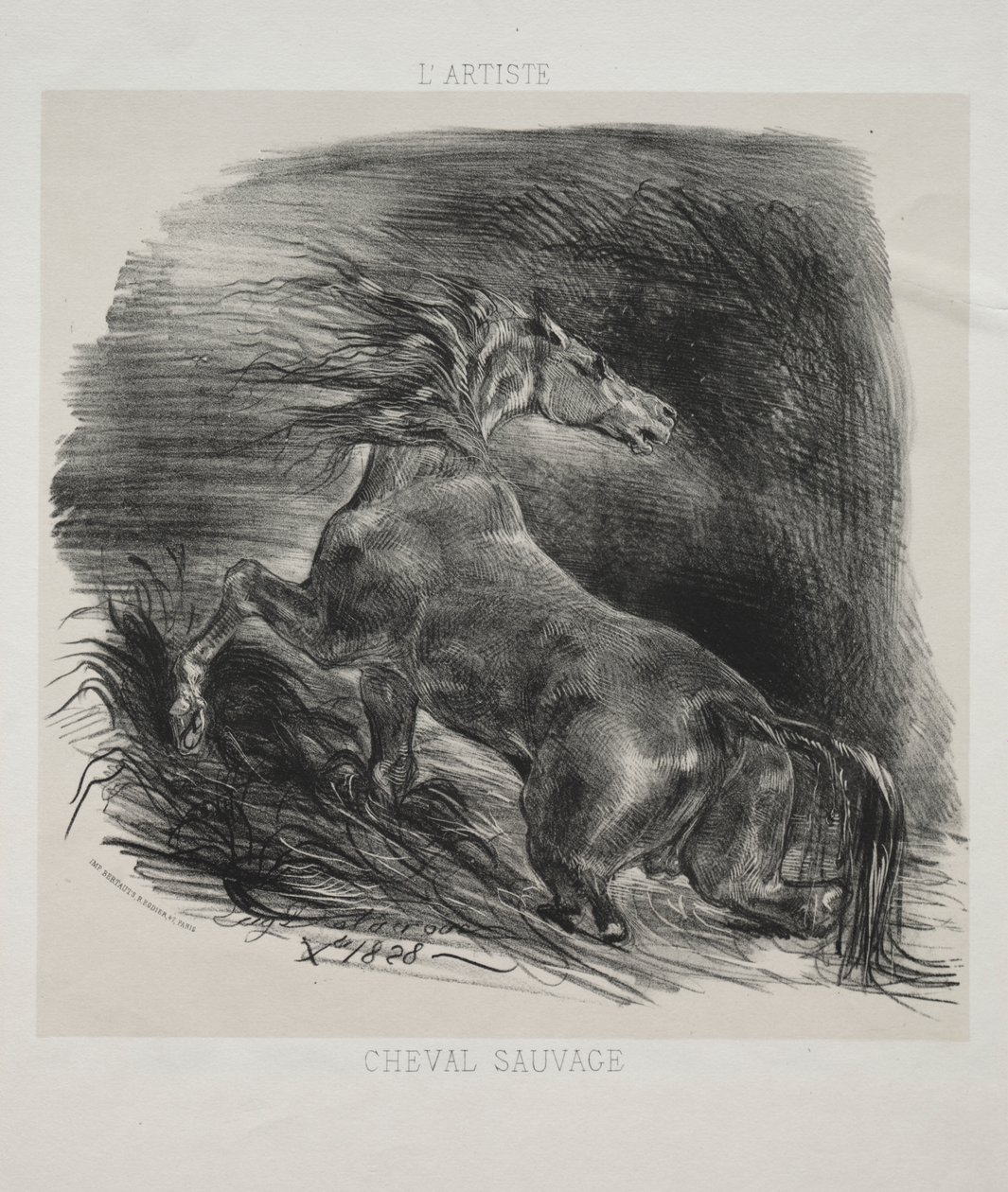 Den vilda hästen, eller den skrämda hästen som lämnar vattnet av Eugène Delacroix