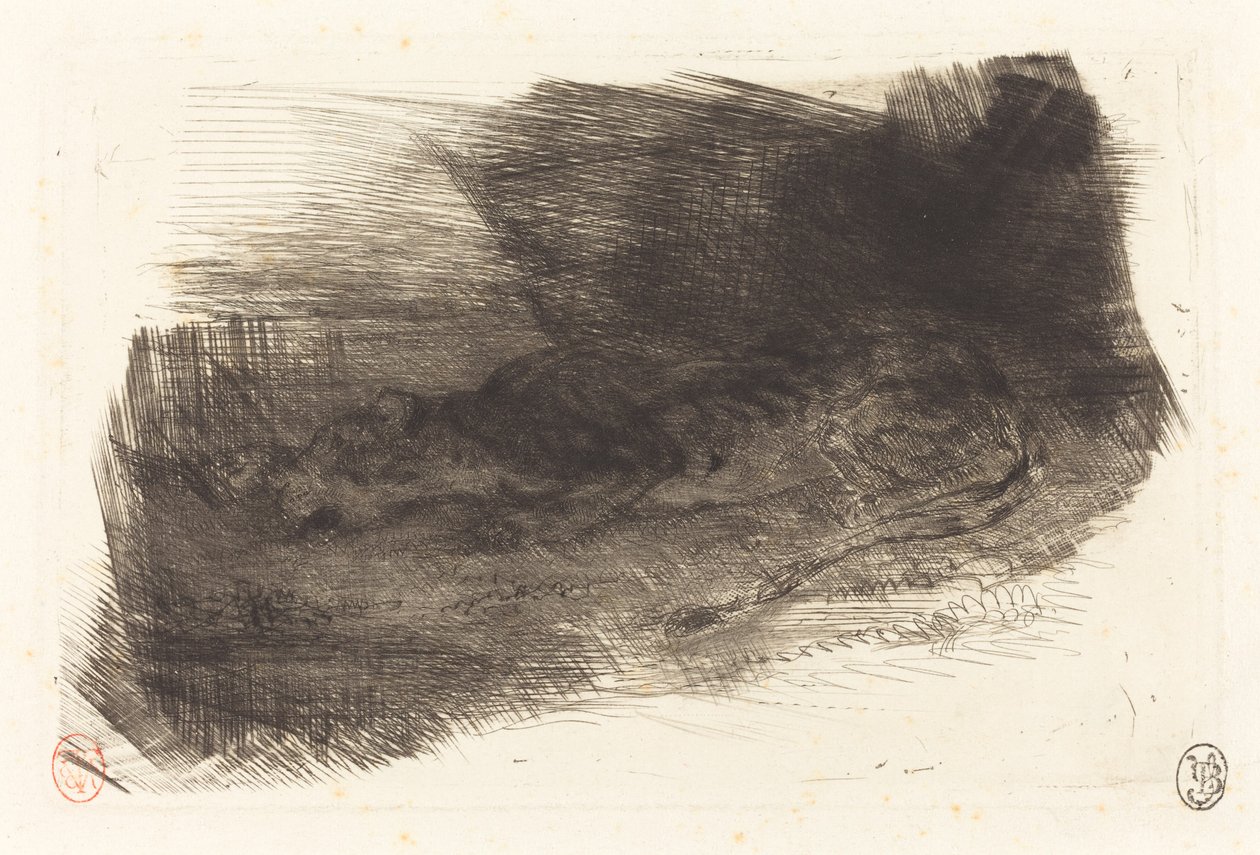 Tiger som sover vid ingången till dess lya av Eugène Delacroix