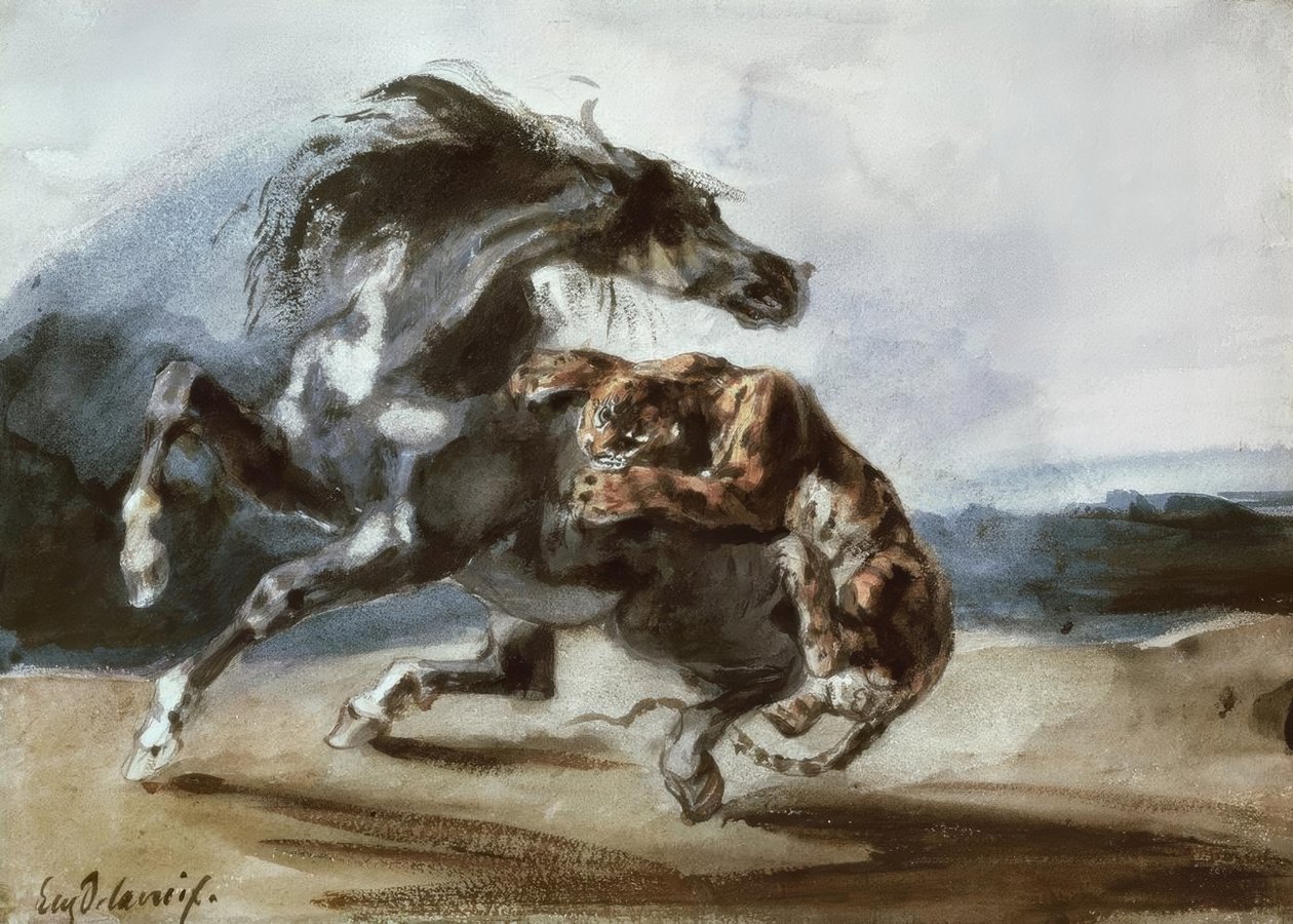 Tiger attackerar en vild häst av Ferdinand Victor Eugene Delacroix