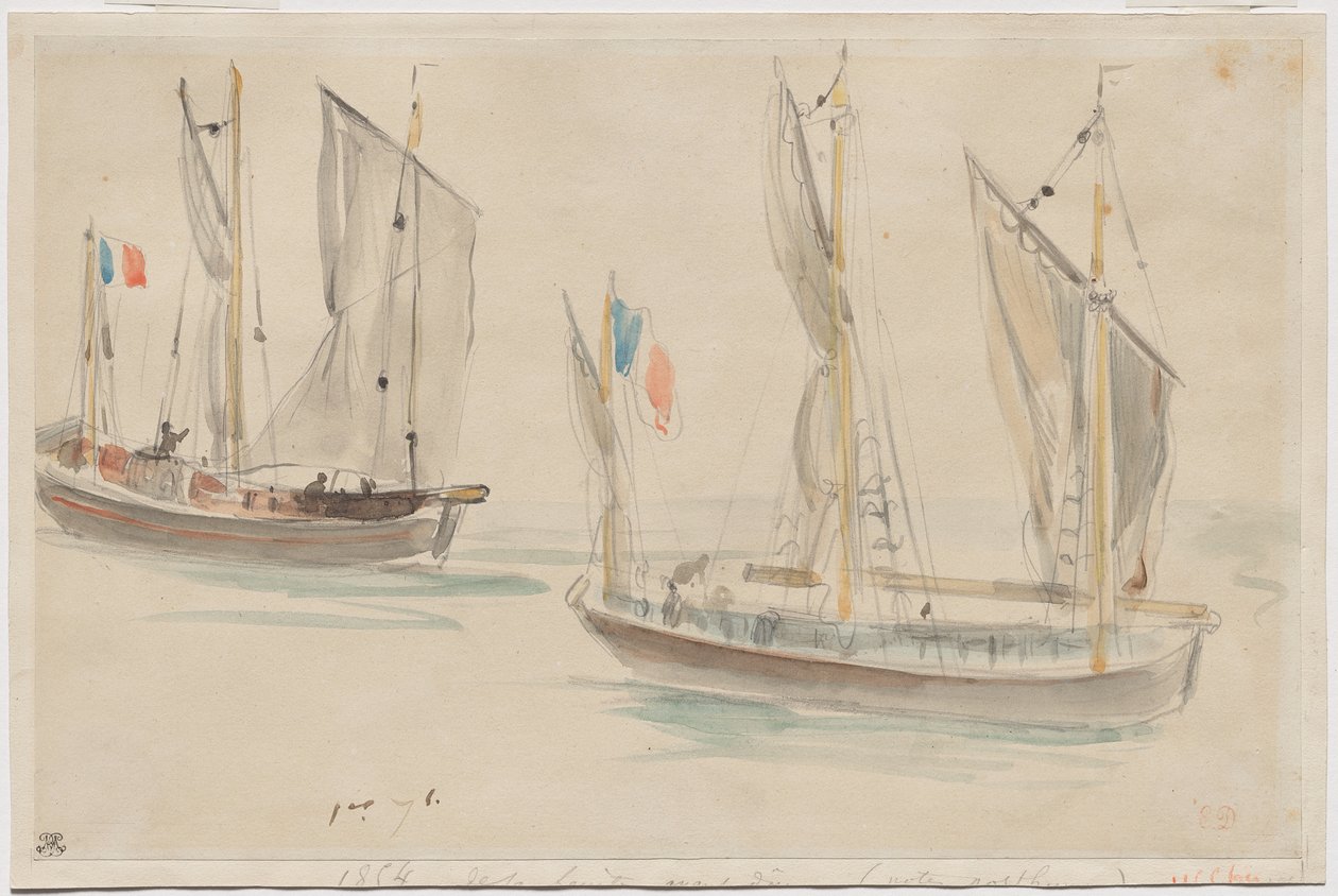 Två båtar vid hamnen i Dieppe av Eugène Delacroix
