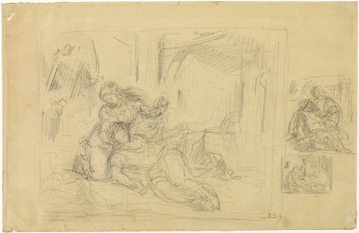 Kvinna som dör(?), Man i sovrummet, två skisser av samma av Eugène Delacroix