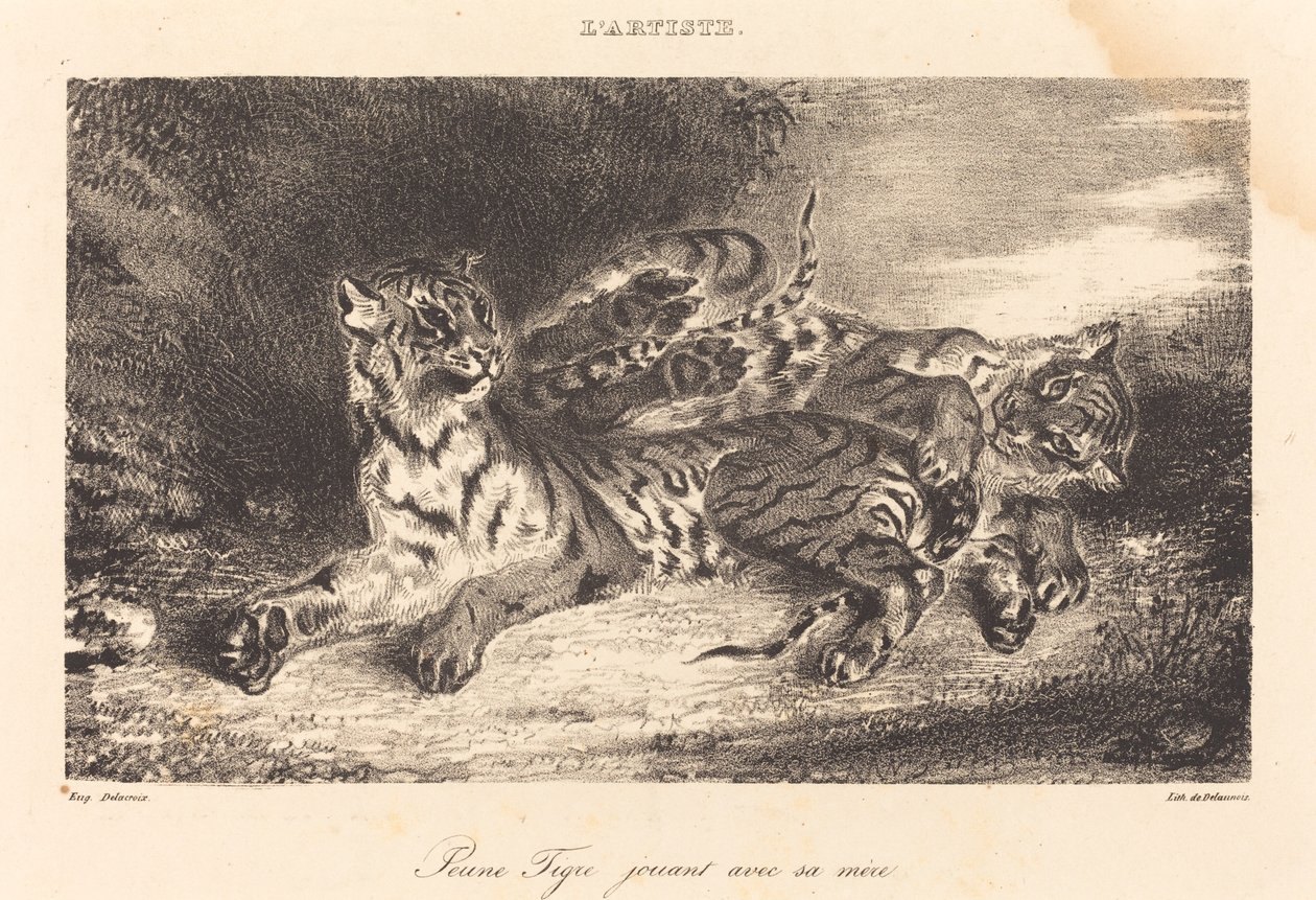 Ung tiger som leker med sin mamma av Eugène Delacroix