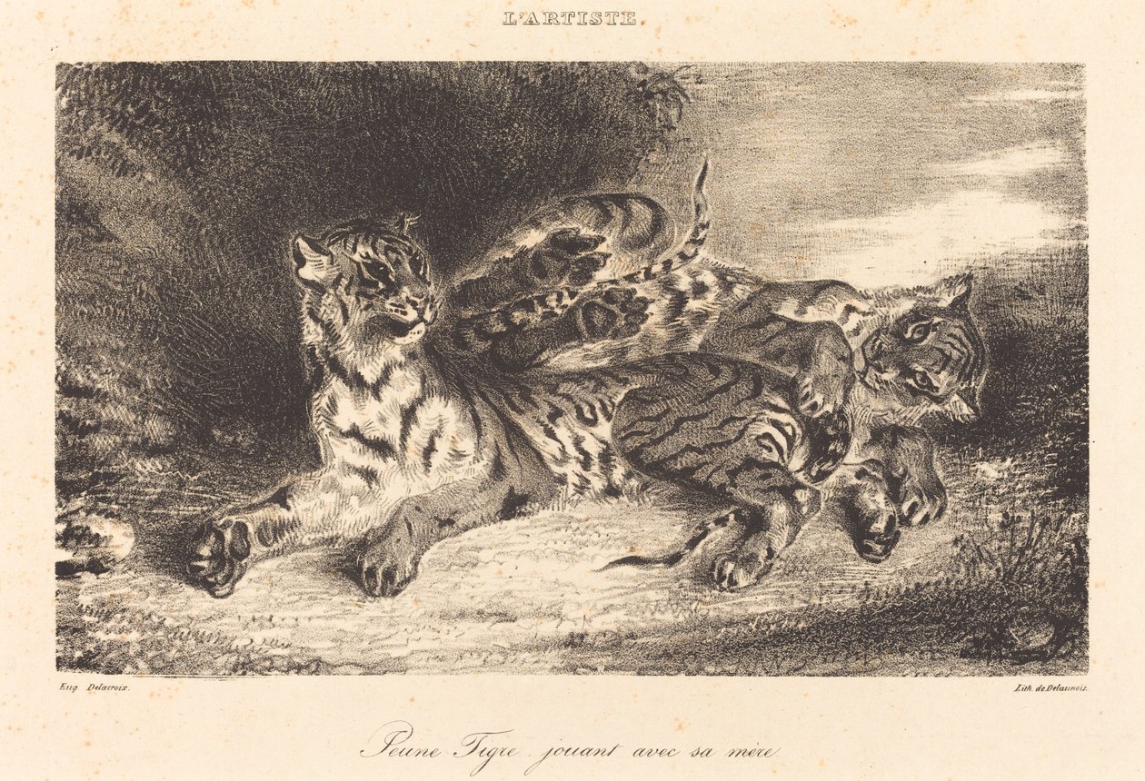 Ung tiger som leker med sin mamma av Eugène Delacroix