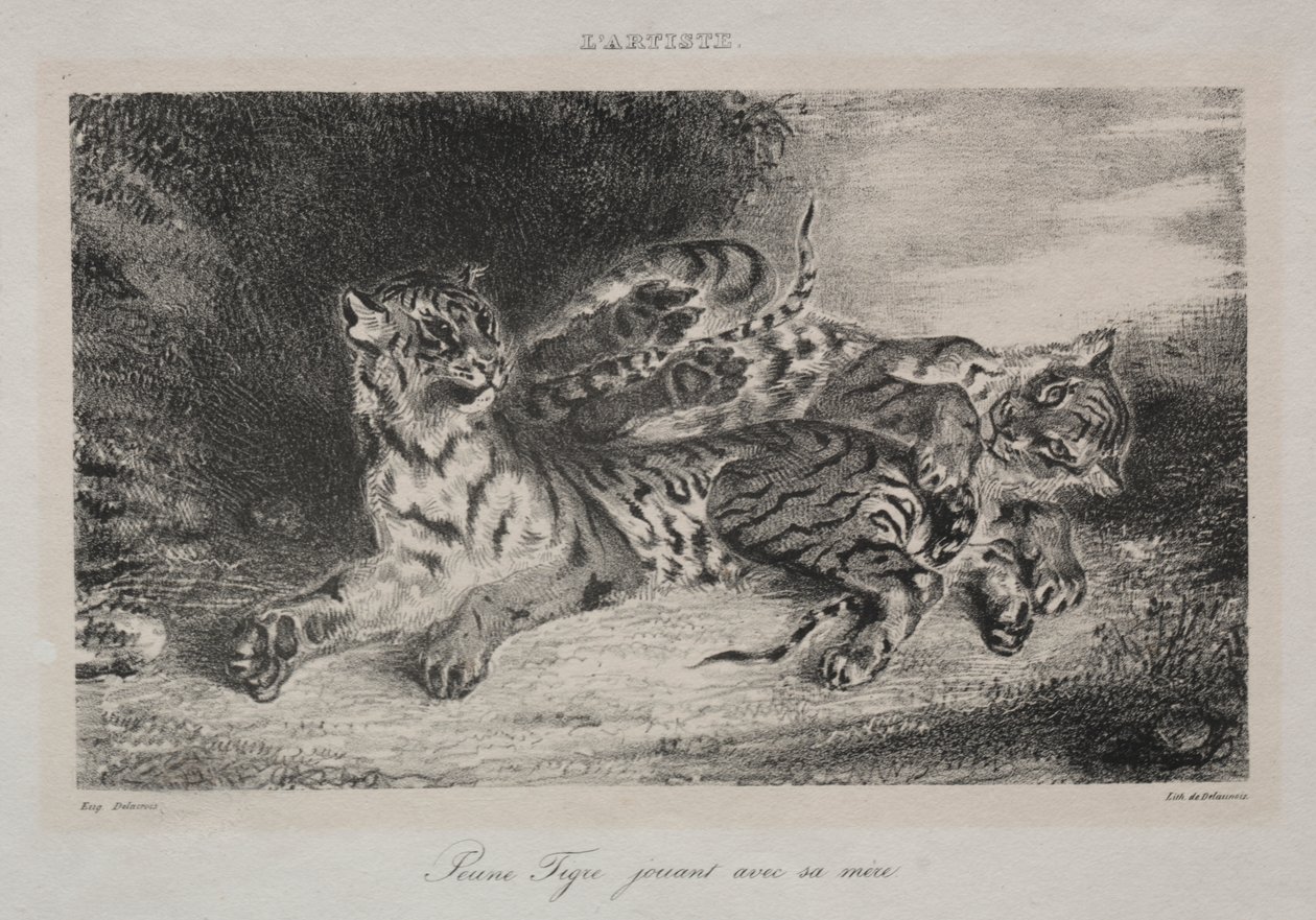 Ung tiger som leker med sin mamma av Eugène Delacroix