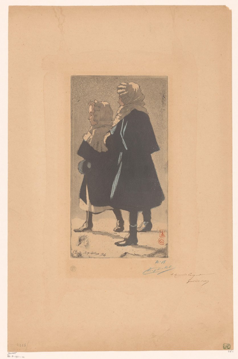 Två tjejer i vinterkläder av Eugène Delâtre (signed by artist)