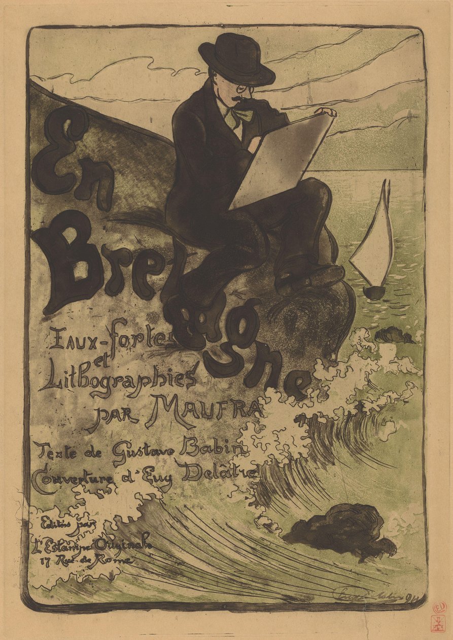 Porträtt av Maxime Maufra teckning på en sten Och Brittany (titel på objekt) av Eugène Delâtre