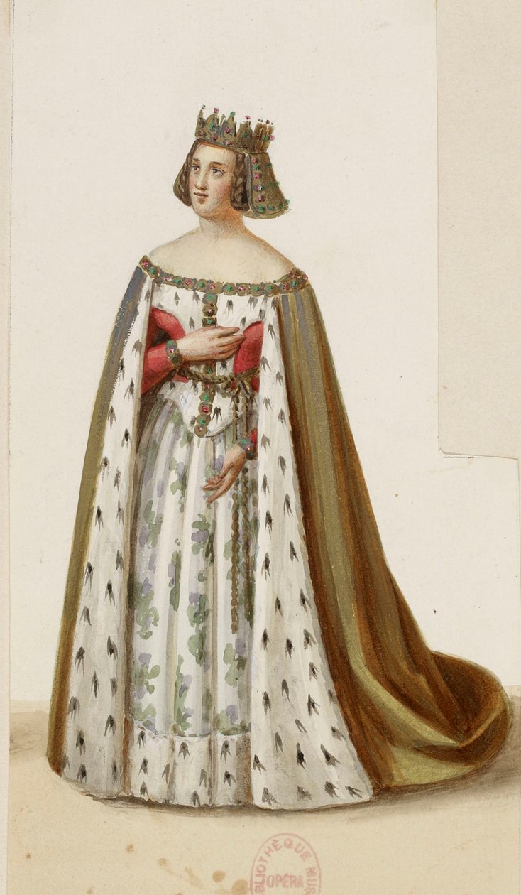 Kostym av Mlle George som Marguerite de Bourgogne (La Tour de Nesle, 1832) 2 (beskuren) av Eugène Du Faget