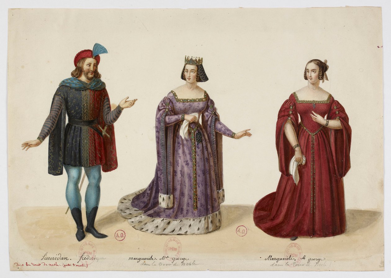 Kostymer - Frederic Lemaitre som Buridan, Mlle George som Marguerite de Bourgogne (La Tour de Nesle, september 1832) av Eugène Du Faget