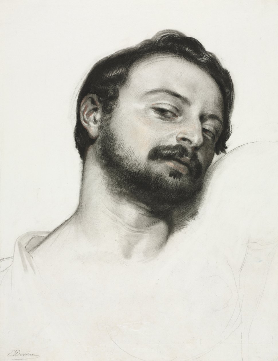 Huvud av man (kol upphöjt med sanguine på vit kartong) av Eugène François Marie Joseph Devéria
