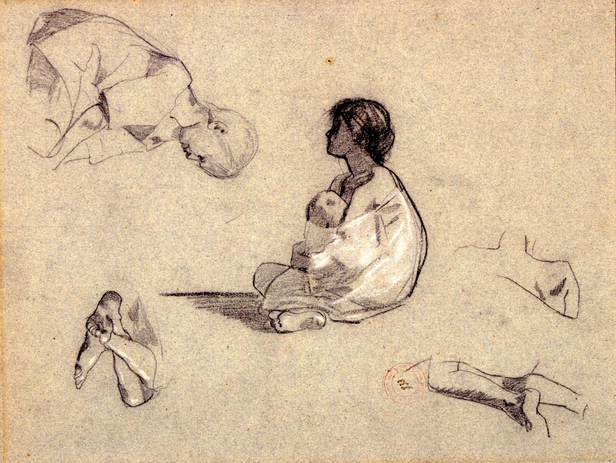 Studier av arabiska barn (kol & kroppsfärg på blått papper) av Eugène Fromentin