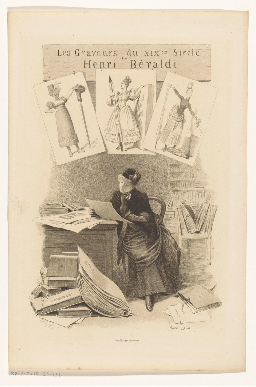 Kvinnan tittar på bilder bakom ett skrivbord Titelsida för: Henri Béraldi, Les engravers du XIXe siècle, 1899 av Eugène Gaujean