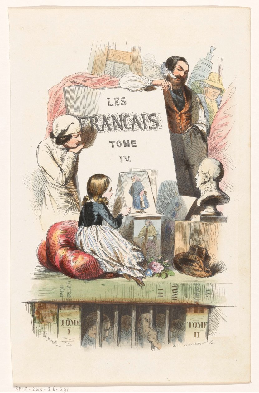 Människor som ser konst ut Titelsida för: Les Français peints par eux-mêmes, 1841 av Eugène Guillaumot