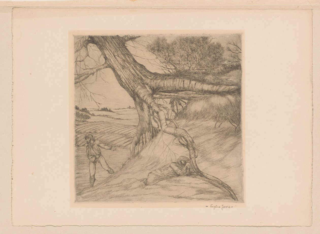 Såningsman och liggande figur med knäppta händer i ett landskap av Eugène Joors (signed by artist)