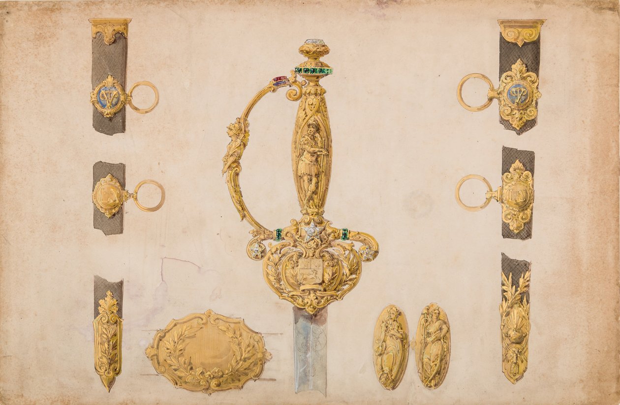 Design för ett svärdsfäste, skida och bältesbeslag, ca. 1840-50. av Eugène Julienne.