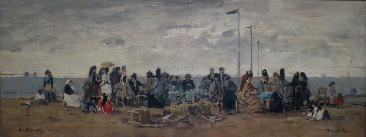 Kotava: "Piludafa nakila, Trouville (3) (trutca ke Boudin)"
Franska: Trouville. Scenen vid stranden av Eugene Louis Boudin