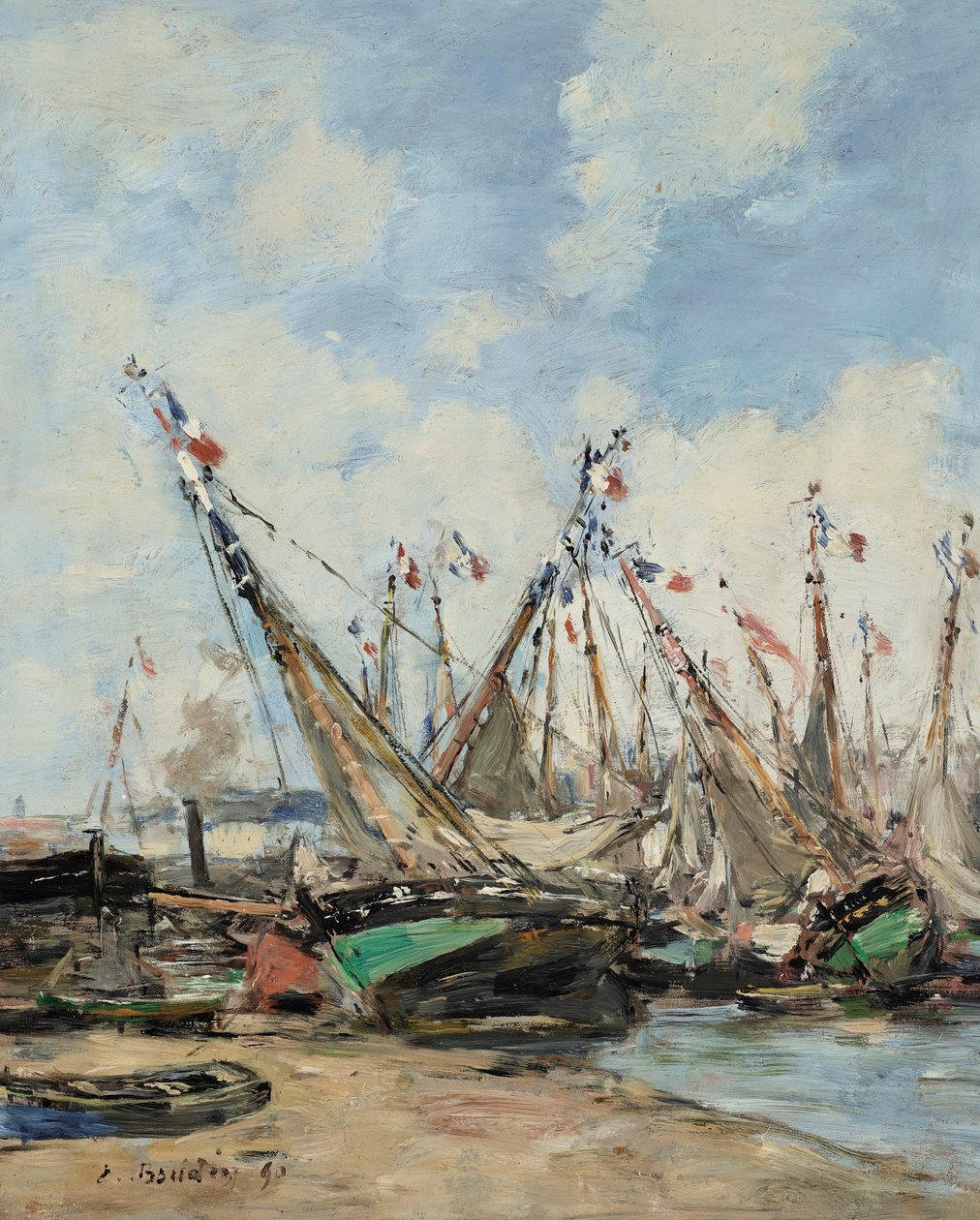 Trouville, hamnen, strandade segelbåtar av Eugene Louis Boudin