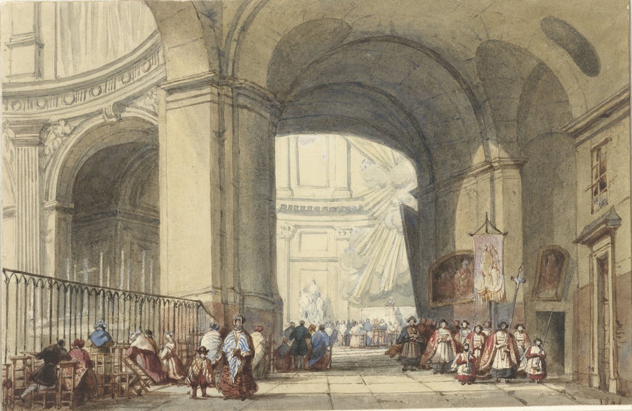 Interiör av S. Roche i Paris, med en procession i förgrunden av Eugène Louis Lami (possibly)