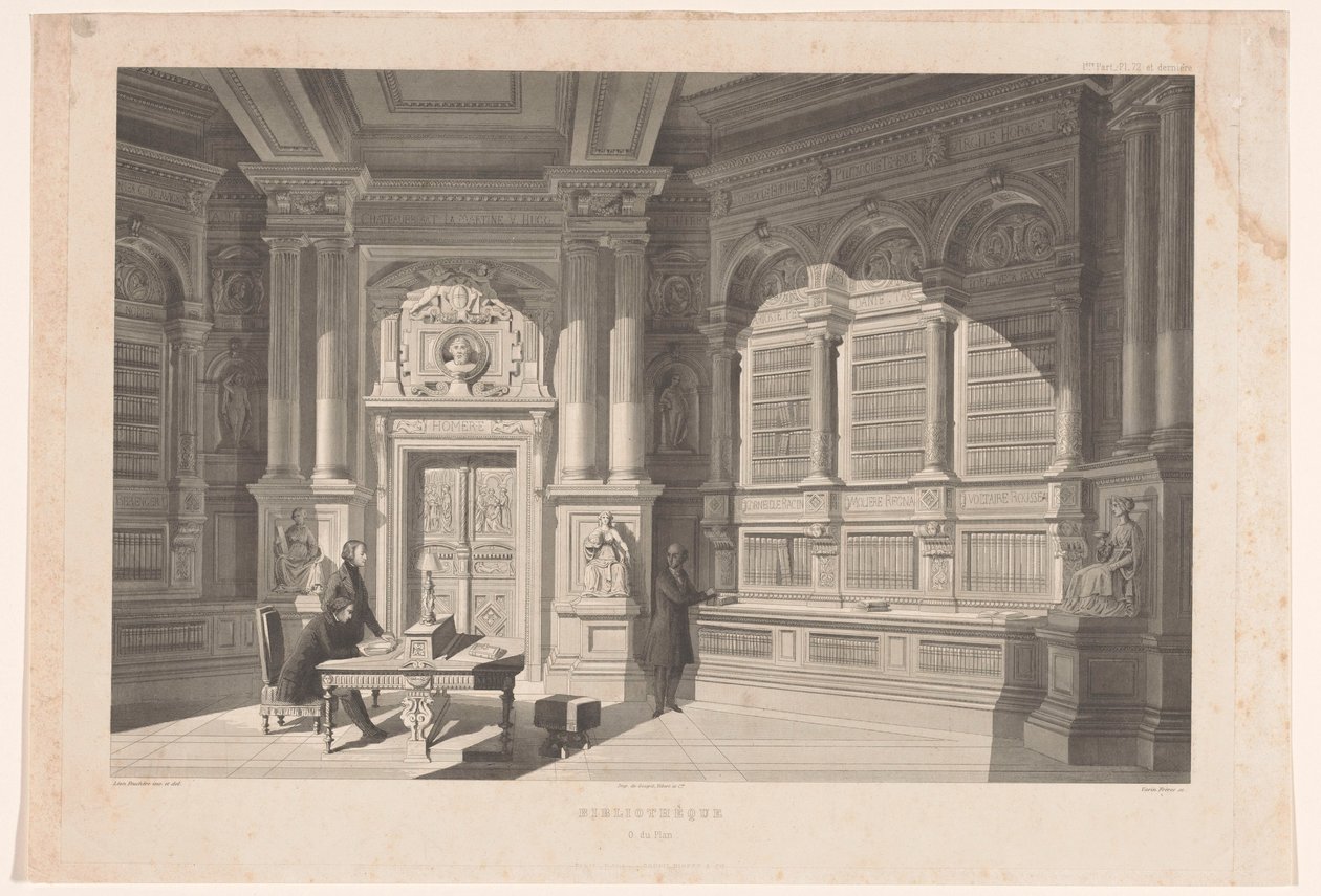 Interiör av ett bibliotek Bibliothèque O. du Plan (titel på objekt) av Eugène Napoléon Varin