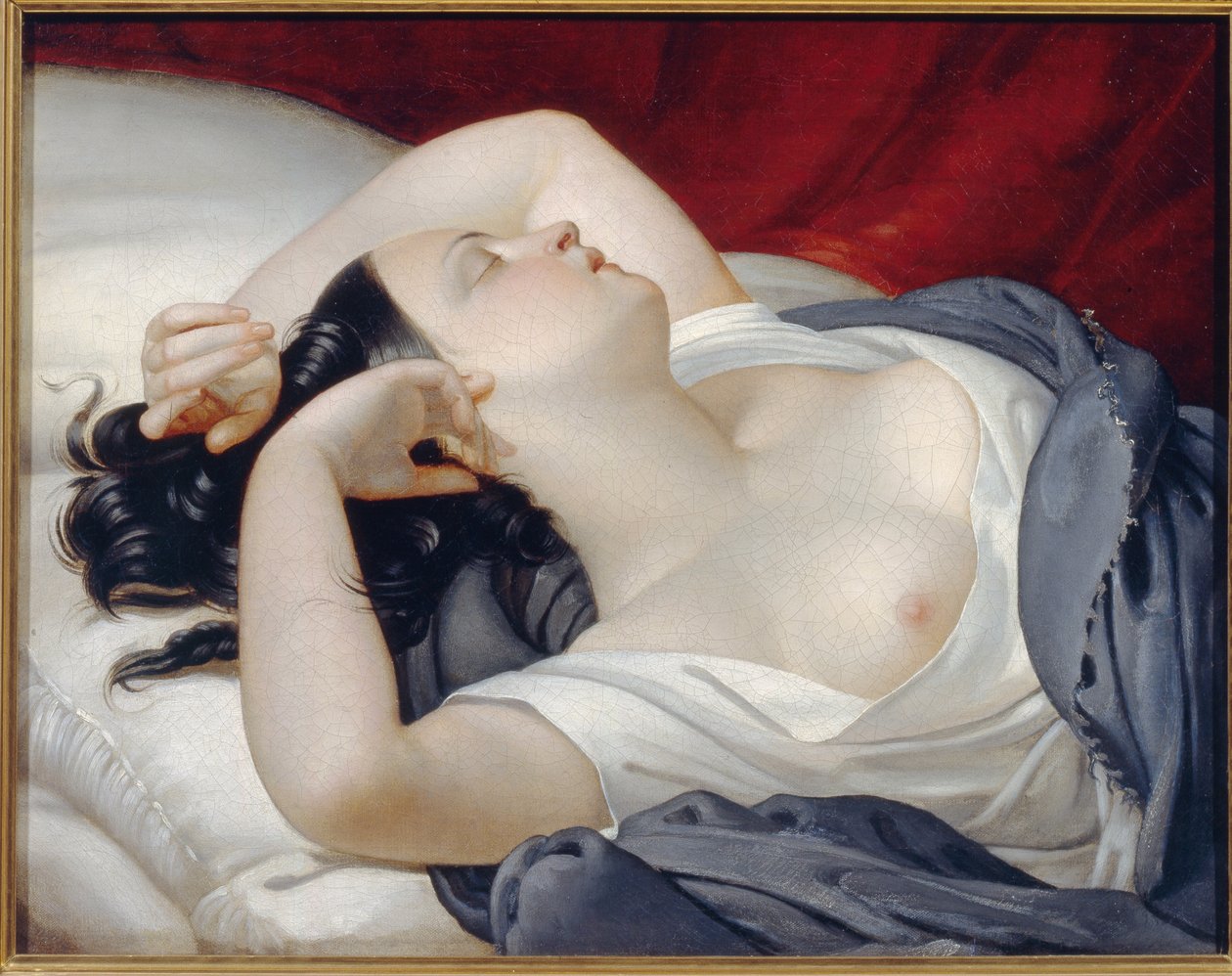 Sovande italiensk kvinna. Vacker kvinna med slutna ögon och obetäckta bröst, sover illamående på sängkanten. Målning av Eugene Pluchart (1809-1880), olja på duk, cirka 1840. Fransk konst av Eugéne Pluchart
