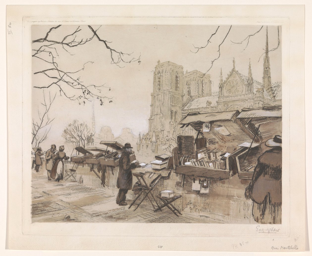 Utsikt över Quai de Montebello i Paris av Eugène Véder (signed by artist)