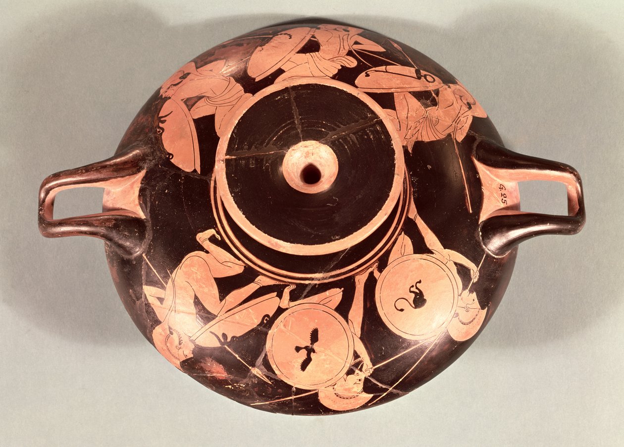 Vindskopp med röd figur som föreställer hukande hopliter (keramik) av Euphronios