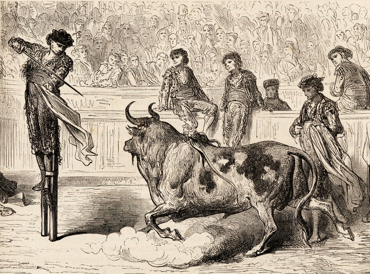 En tjurfäktare stod på styltor i Sevilla, Spanien, 1878 (trästick) av European School