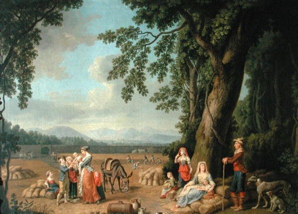Skördeplats, med Ferdinand I (1503-64), hans hustru Anne av Böhmen och Ungern, och deras barn, ca 1620 av European School