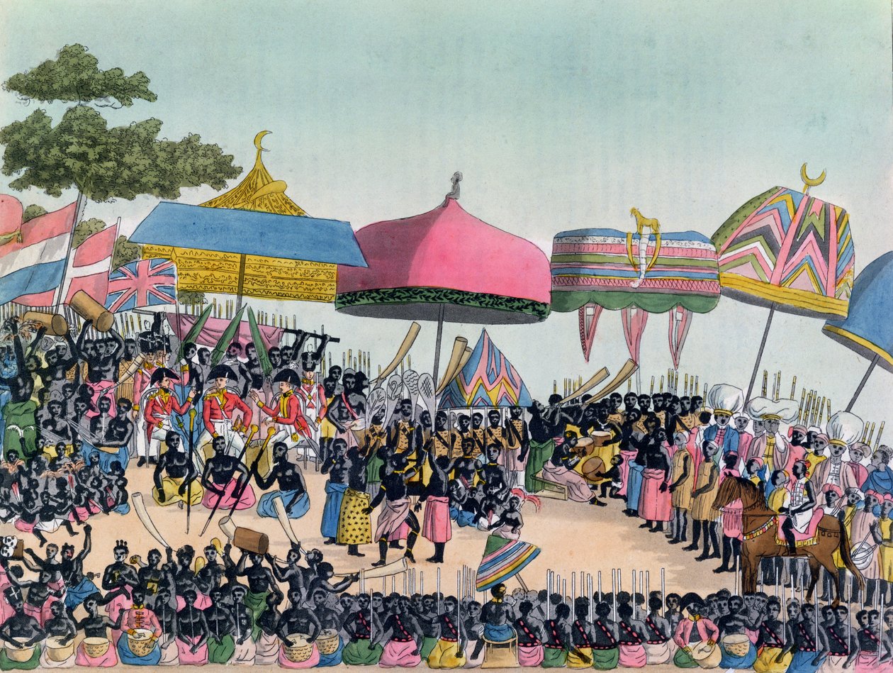 Mottagning för den engelska ambassadören som hölls av Ashanti i Comassi, Ghana, ca 1818, graverad av A. Biasioli av European School
