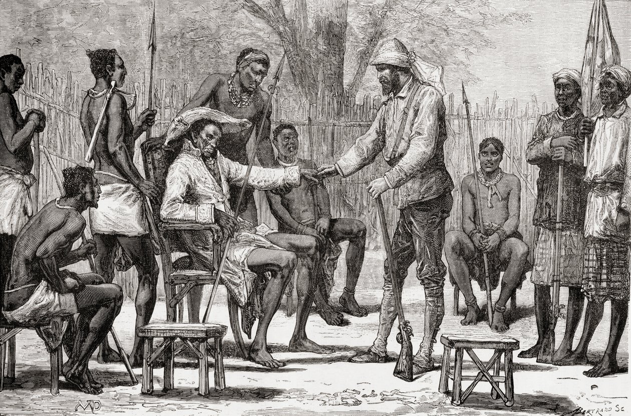 Verney Lovett Cameron besöker kung Konngo, 1878 (trägravyr) av European School