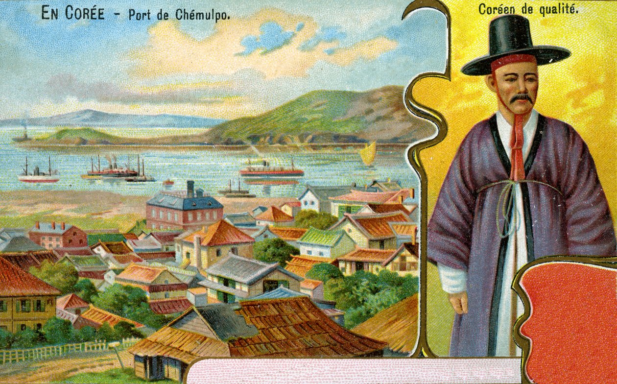 En koreansk gentleman i traditionell klädsel (hanbok) och hatt (gat) och utsikt över hamnen i Chemulpo (Incheon), 1904 av European School