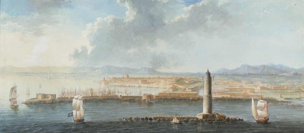 En utsikt över en hamn från havet, förmodligen Livorno (penna, brunt bläck och gouache) av European School