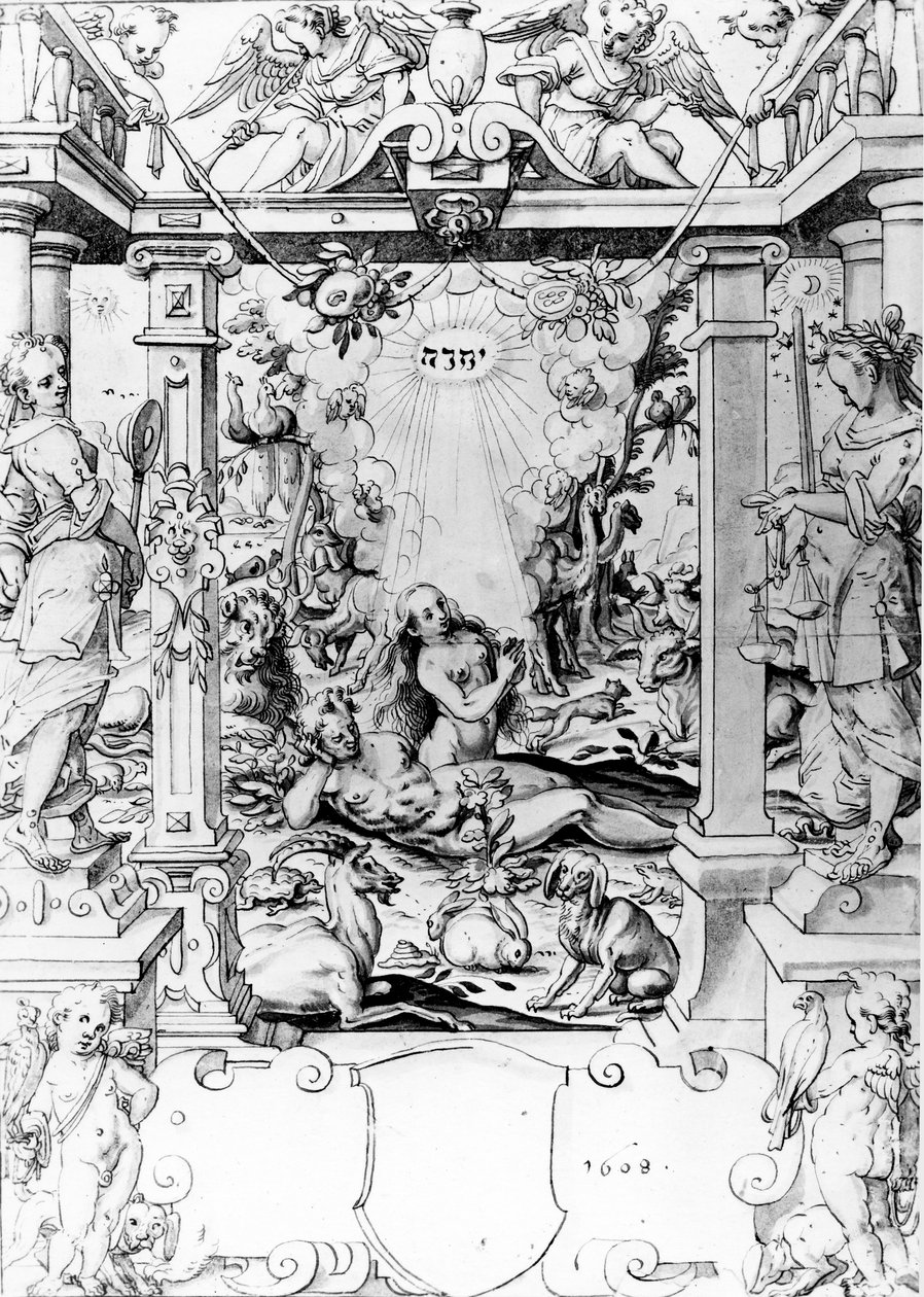 Adam och Eva, 1609 (penna och bläck) av European School