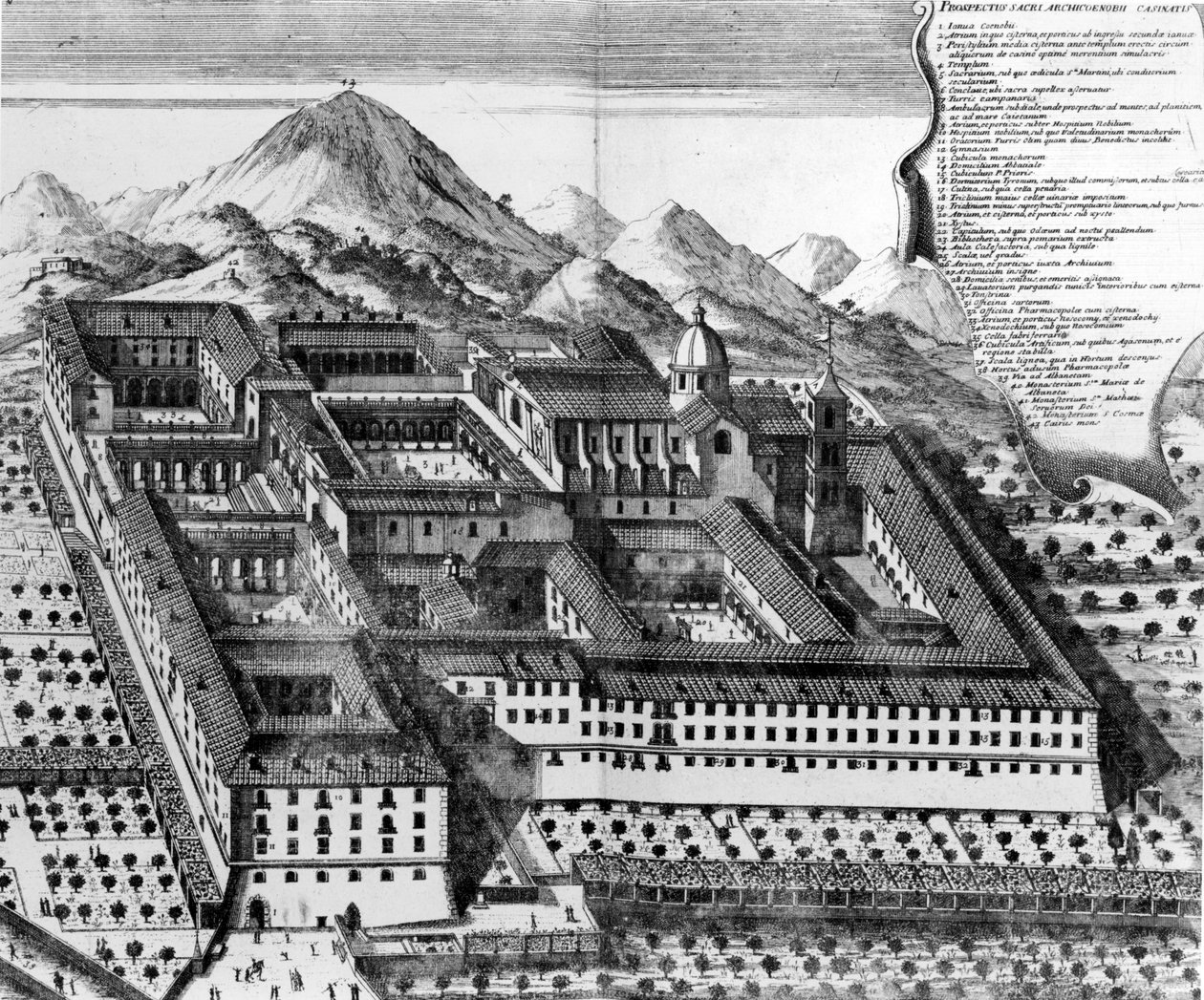 Flygfoto över Monte Cassino, Italien gravyr) av European School