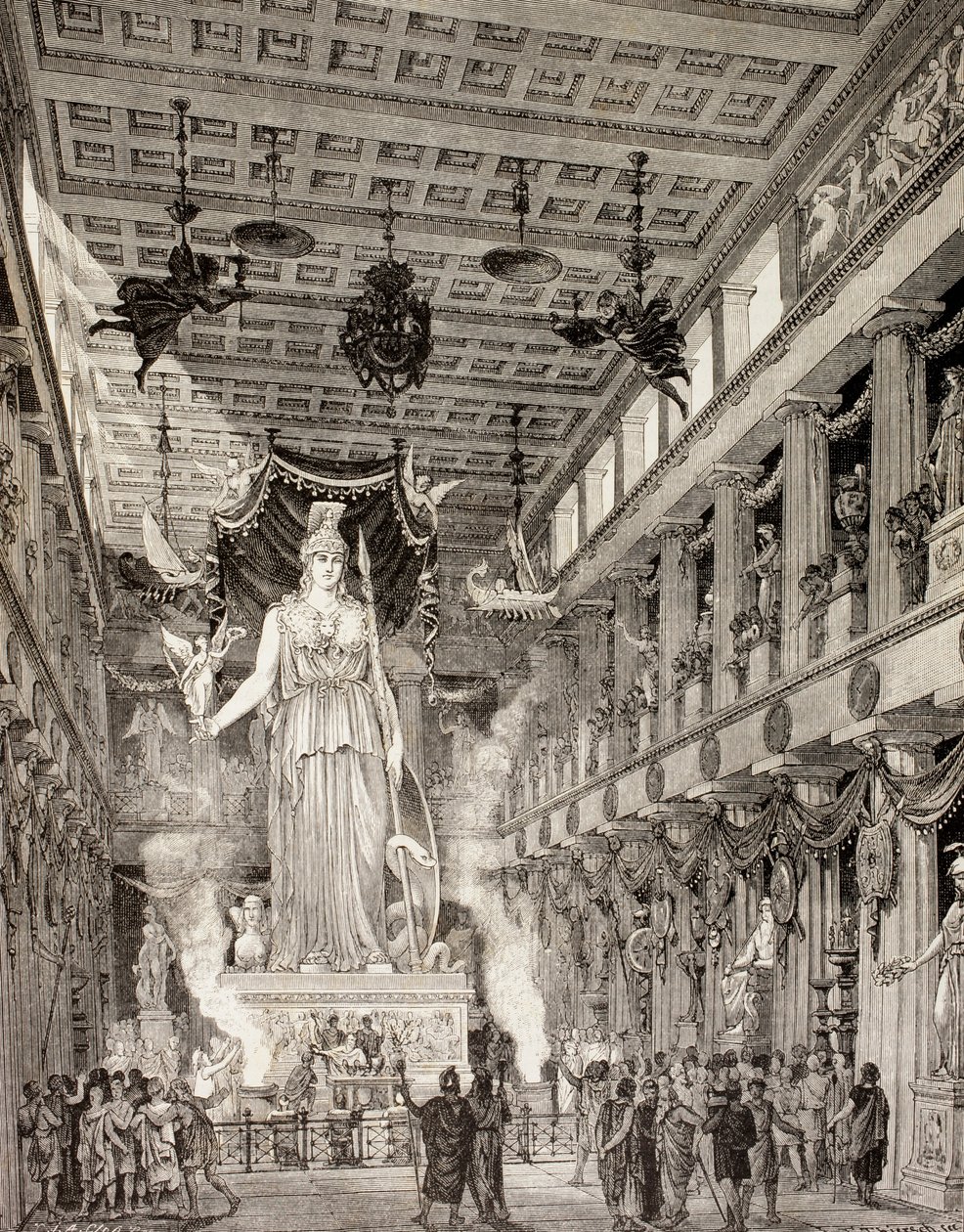 Konstnärsavtryck av statyn av gudinnan Athena i Parthenon, Aten, under den klassiska perioden, från 