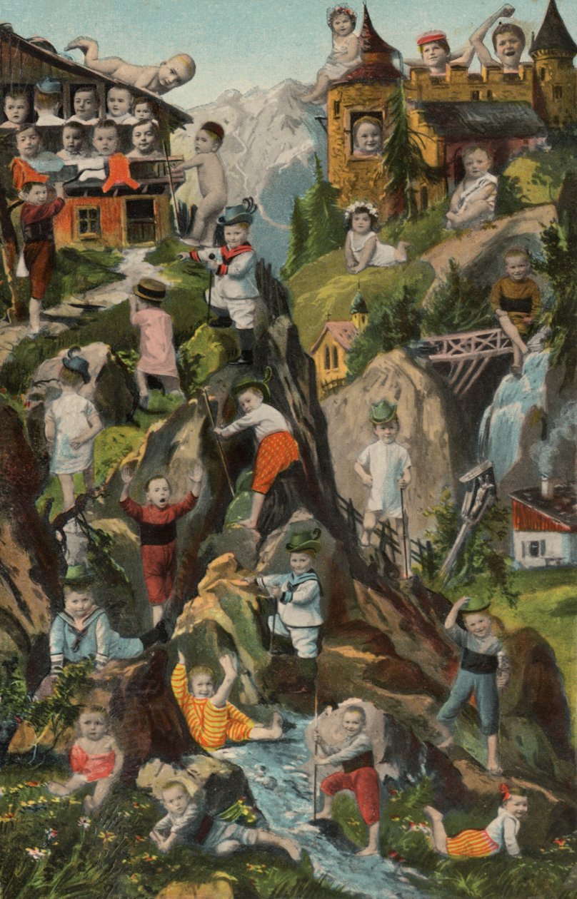 Bebisar i bergen (färglitografi) av European School
