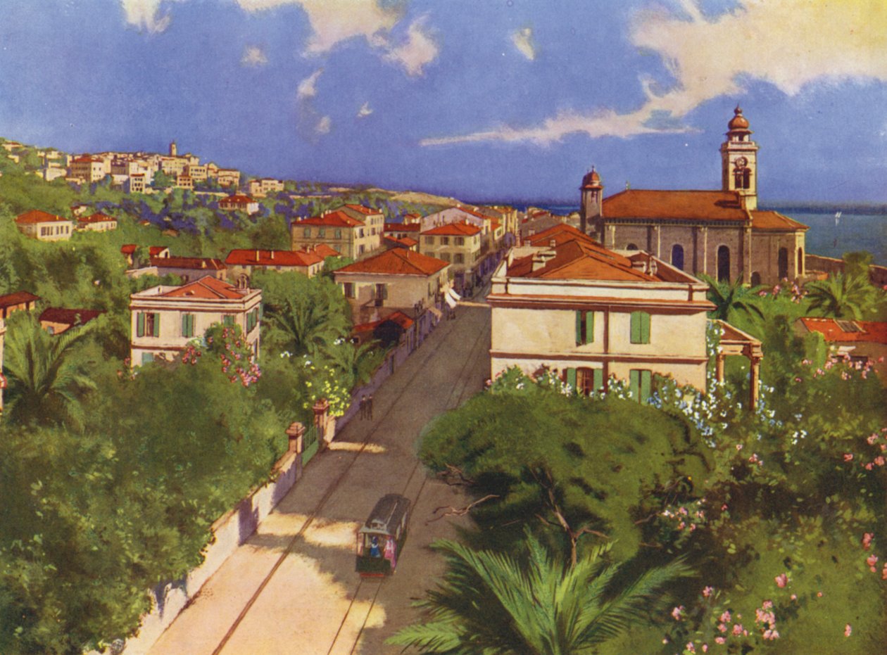 Bordighera, Via Vittorio Emmanuele och Vue Generale (färglitografi) av European School