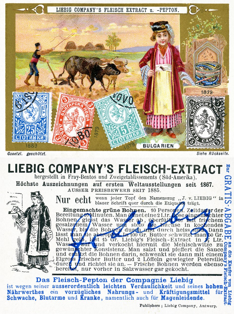 Bulgariska frimärken, fram- och baksidan av ett Liebig-kampanjkort, 1897 av European School