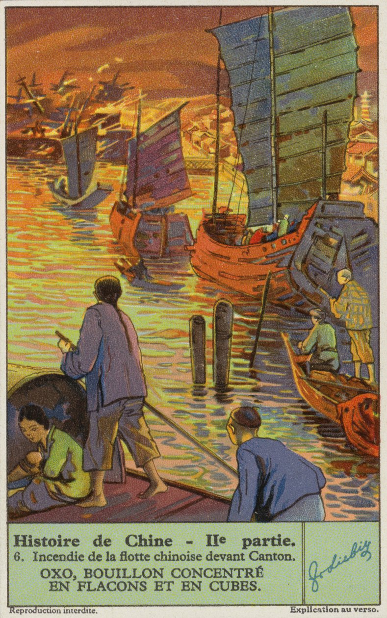 Bränning av den kinesiska flottan vid Kanton (chromolitho) av European School
